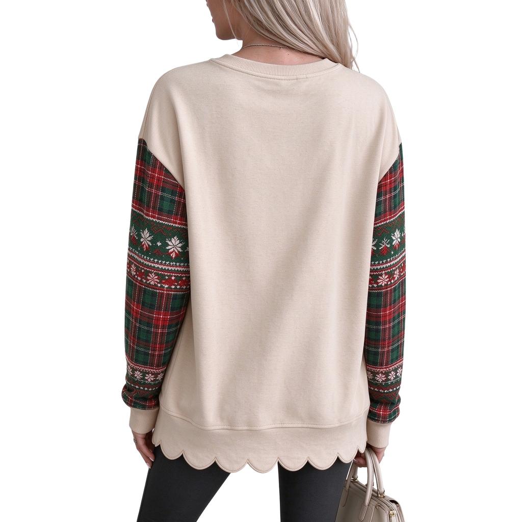 Women's Loose Drop Shoulder Long Sleeve Christmas Print Sweatshirt with Scalloped Wavy Hem Crewneck Pullover