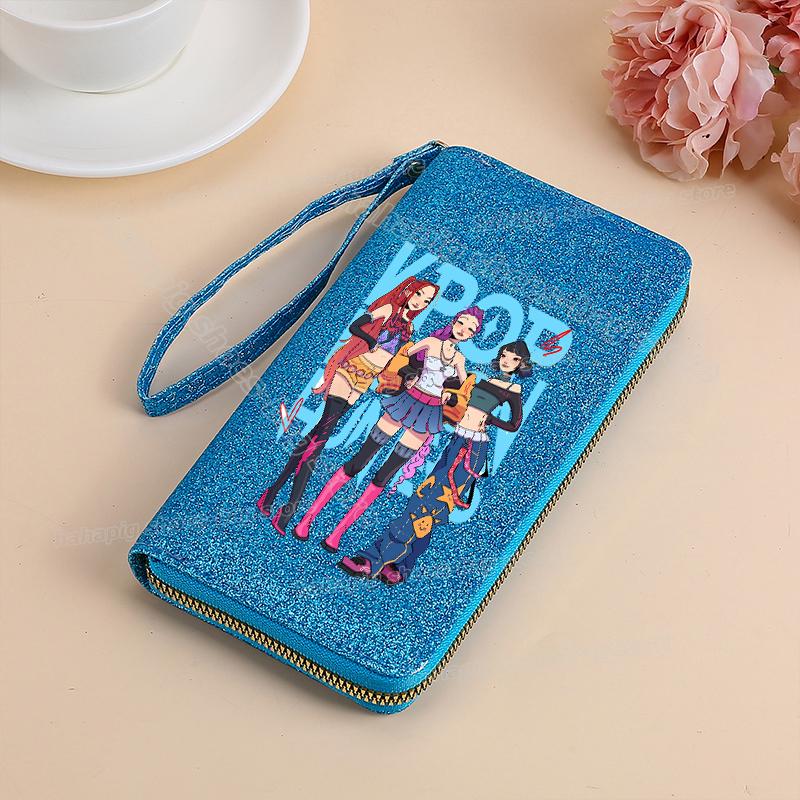 Vysoce kvalitní KPop Lovci démonů Dlouhá peněženka Dámské peněženky na zip Sequin Bling Koženka Kapsa na mince Držák na ID Kartu Dámské Clutch Peněženky