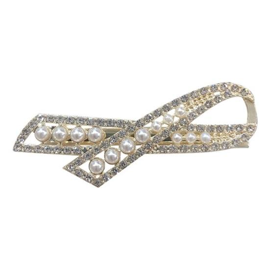 Women Hairpin Bow Shape Faux Pearl Rhinestone Faux Crystal Decor Hollow Out Exquisite Anti-slip Sparkling Luxury Hair Decoration Hair Clip