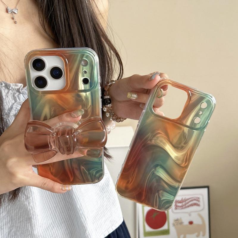 Silk Texture Brown Bow Bracket Phone Case for iPhone 17 Pro Max and Apple 16/15/14