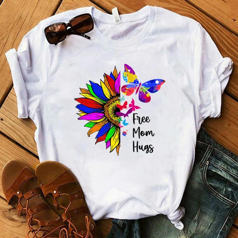 

New Hot LGBT Sunflower Butterfly Free Mom Hugs Printed T-Shirts Women Girl Unisex Casual Loose Round Neck Creative Personalized XXXL золотий