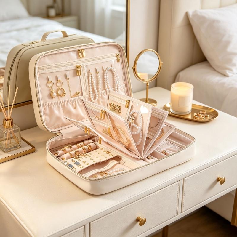Portable Jewelry Storage Bag with Built-In Carry Handle, Zippered Closure, and Dedicated Holders for Different Pieces