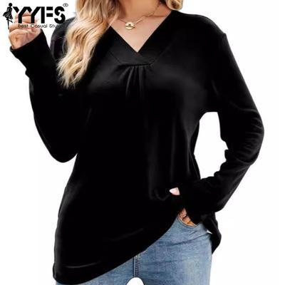 Women's Fashion Casual Spring Fall Solid Color Print Long Sleeve V-Neck Blouses & Shirts