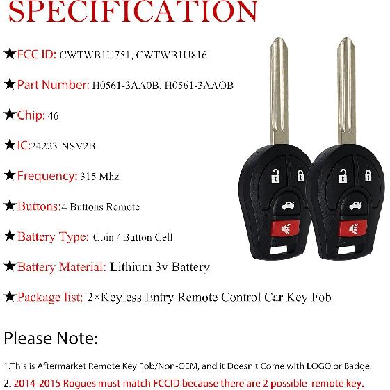 MechanMagic Key Fob Remote Replacement Fits for Nissan Sentra 2013-/Rogue 2008-2015/Versa 2007-2015/Armada/Maxima/Murano/Infiniti FX35 FX45