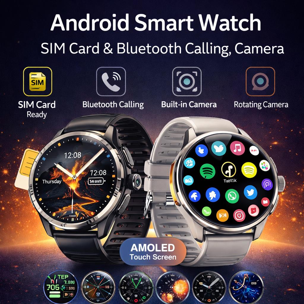 Android Smart Watch with SIM Card, AMOLED Touch Screen, Bluetooth Calling, Camera