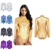 Womens One-piece Shiny Metallic Long Sleeves Gymnastic Dance Leotard Athletic Bodysuit