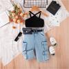 Sommer Heißer Verkauf Neues Mädchen-Outfit-Set: Kurzes Camisole + Jeans-Langhose + Bauchtasche Dreiteiliges Set