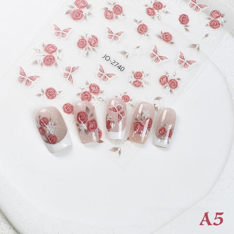 

1 лист наклейки для ногтей с розовыми цветами и бабочками, самоклеящиеся тисненые наклейки для нейл-арта для девочек, летняя декоративная наклейка A5