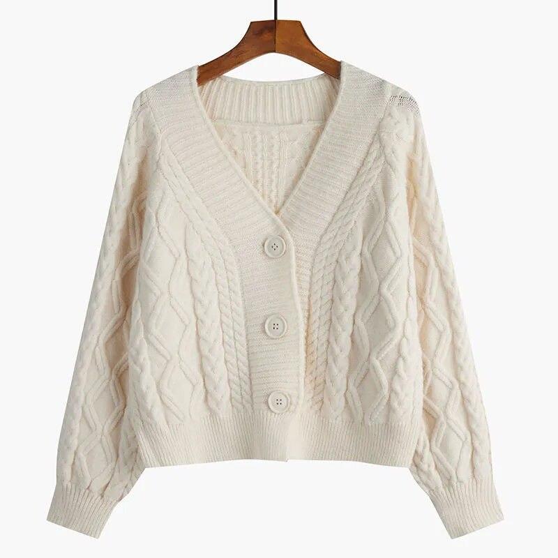 Solid V-Neck Sweater Women Knitted Cardigan Slouchy Spring and Autumn 2026 New Small Loose Short Cardigan Sweater Female Coat