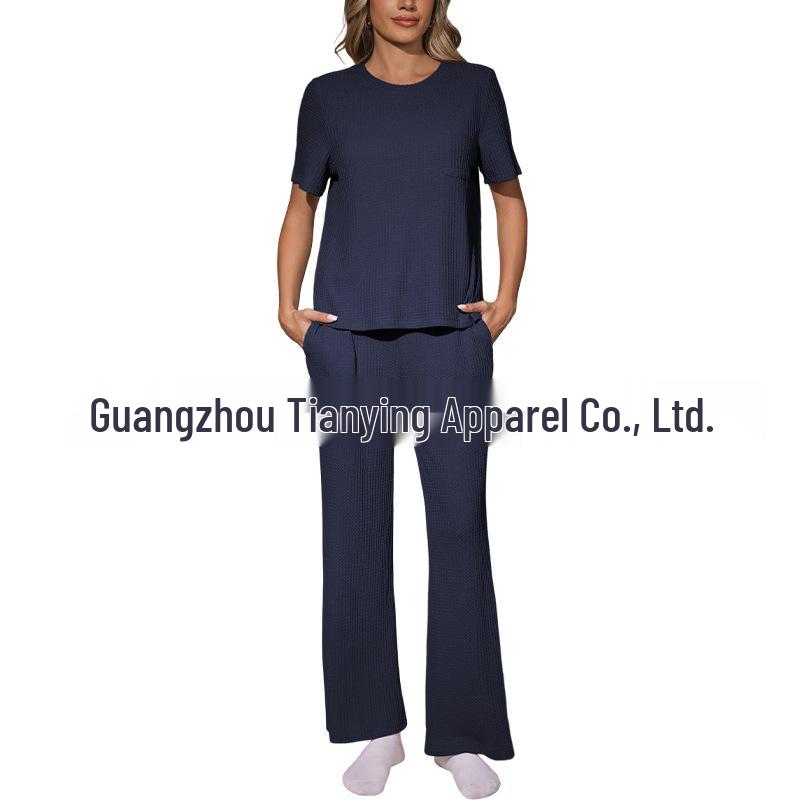 

Women s 2-Piece Textured Waffle Knit Set: Short Sleeve Top & Long Pants темно-синий