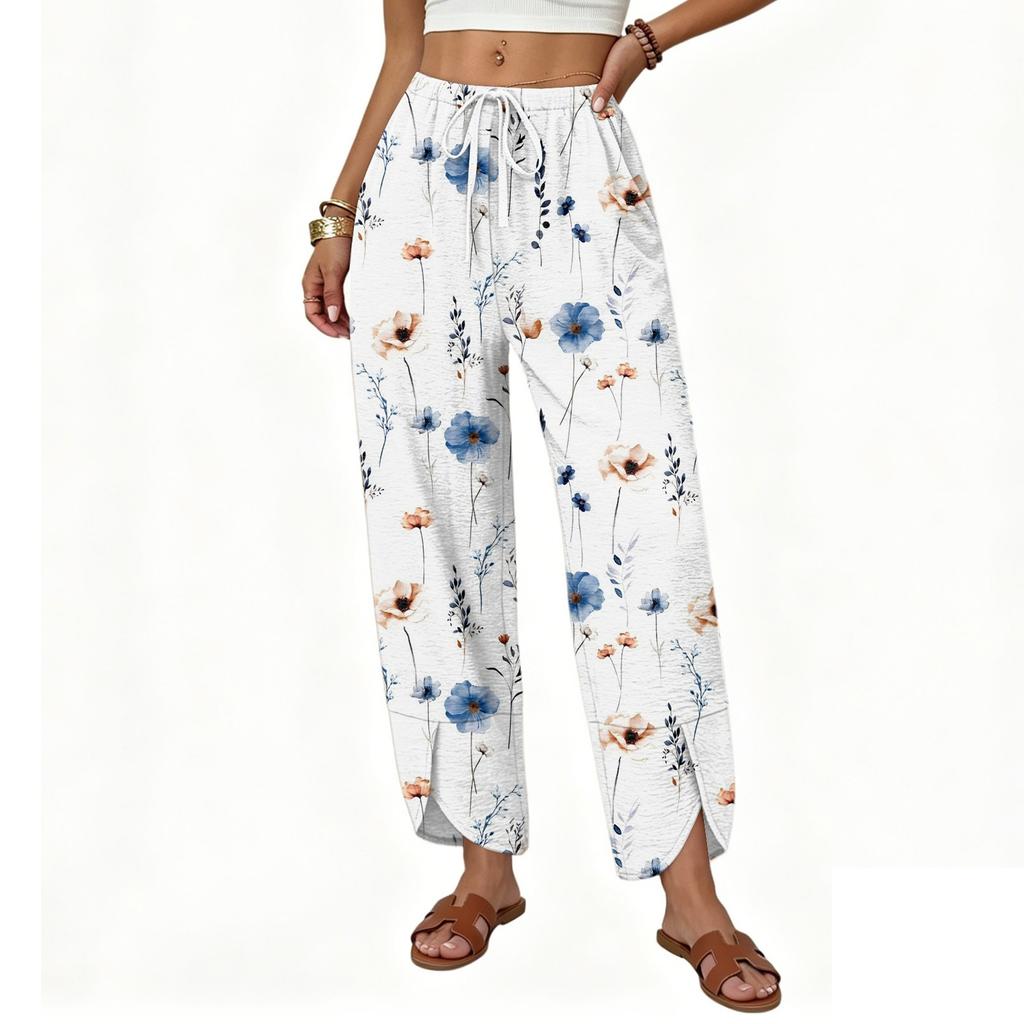 Women High Waist Drawstring Pants Loose Fit Straight Leg Split Hem Floral Print Trousers Casual Lightweight Bottoms