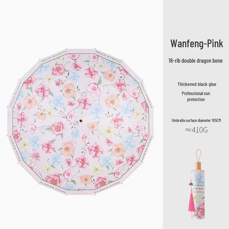 Retro 16-Rib Foldable Sun/Rain Umbrella