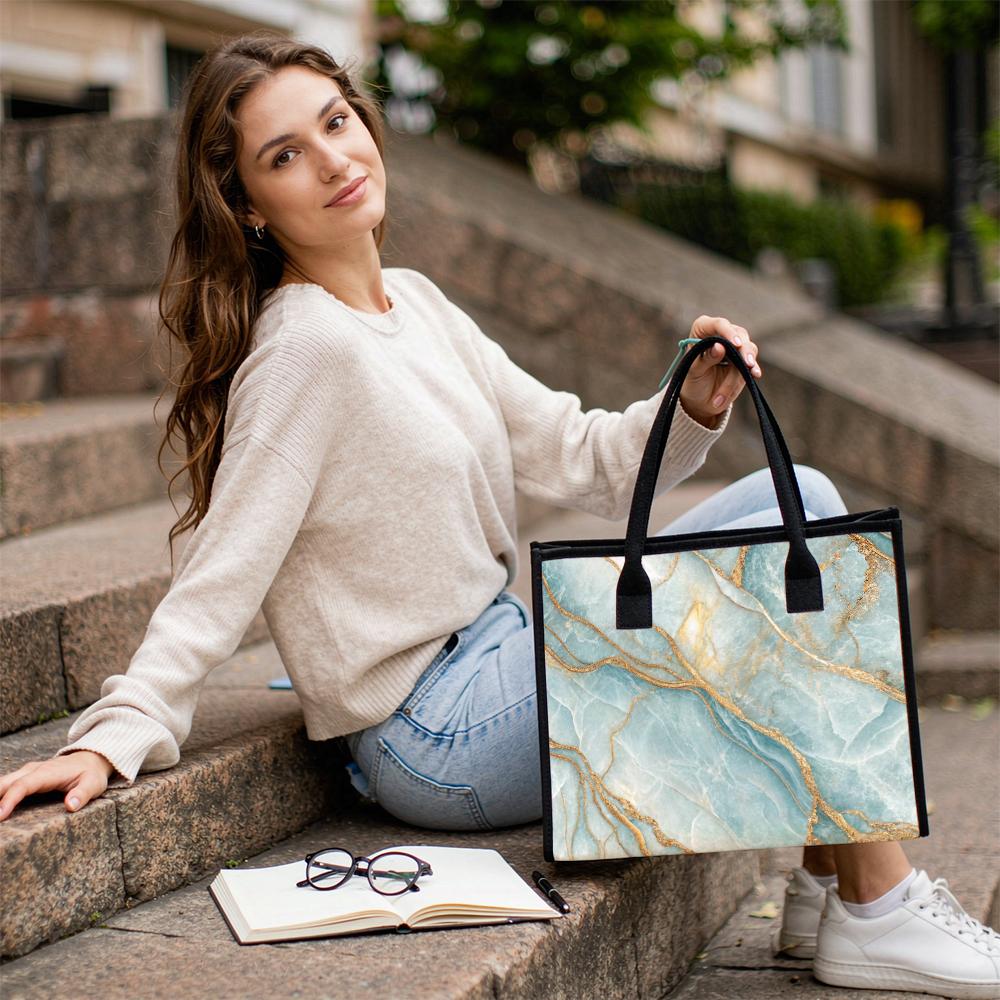 Elegant Blue Gold Marble Pattern Tote Bag Fashion Casual Large Capacity Daily Use Handbag for Women