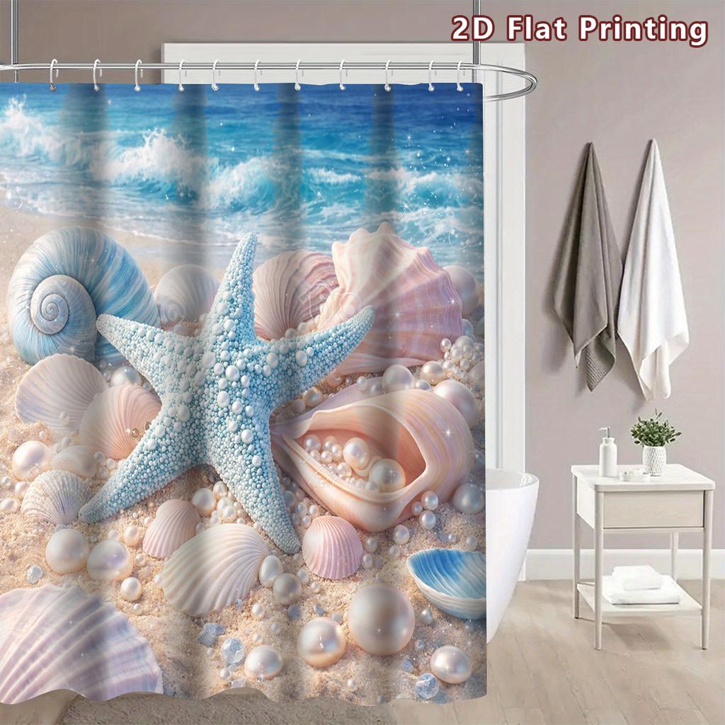 4Pcs 2D Flat Seaside Treasures Shower Curtain Set with Non-Slip Bath Mat, Toilet Lid Cover, Contour Rug & 12 Hooks, Bathroom Decor