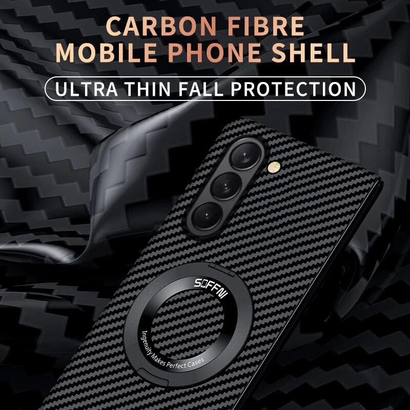 Carbon Fiber Case for Samsung Galaxy Z Fold 5 4 3 Magsafe Case Wireless Charging Ring Magnetic Ultra Thin Matte Shockproof Hard Protection Cover
