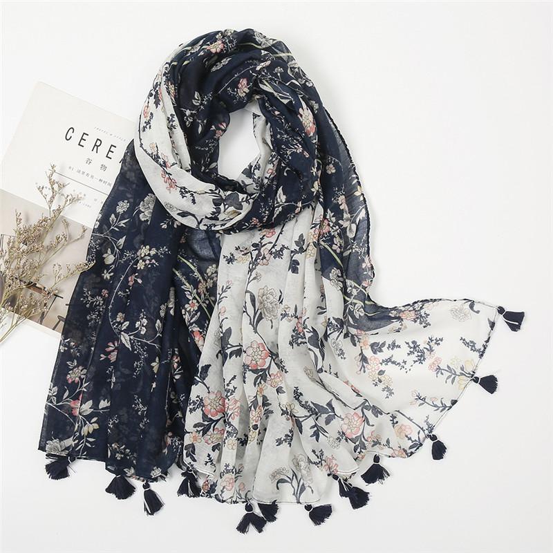 Spain Luxury Brand Navy Blue Lovely Floral Tassel Viscose Shawl Scarf Lady High Quality Wrap Headband Bufandas Muslim Hijab