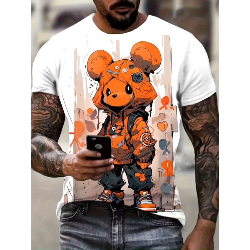 Men's casual fashion T-shirt 3D printing anime bear pattern printed T-shirt for summer daily outdoor street cool wear