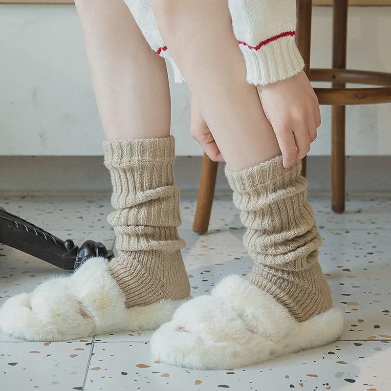 White Knitted Women's Y2K Winter Calf Pile Socks - Warm Snow Boot Covers