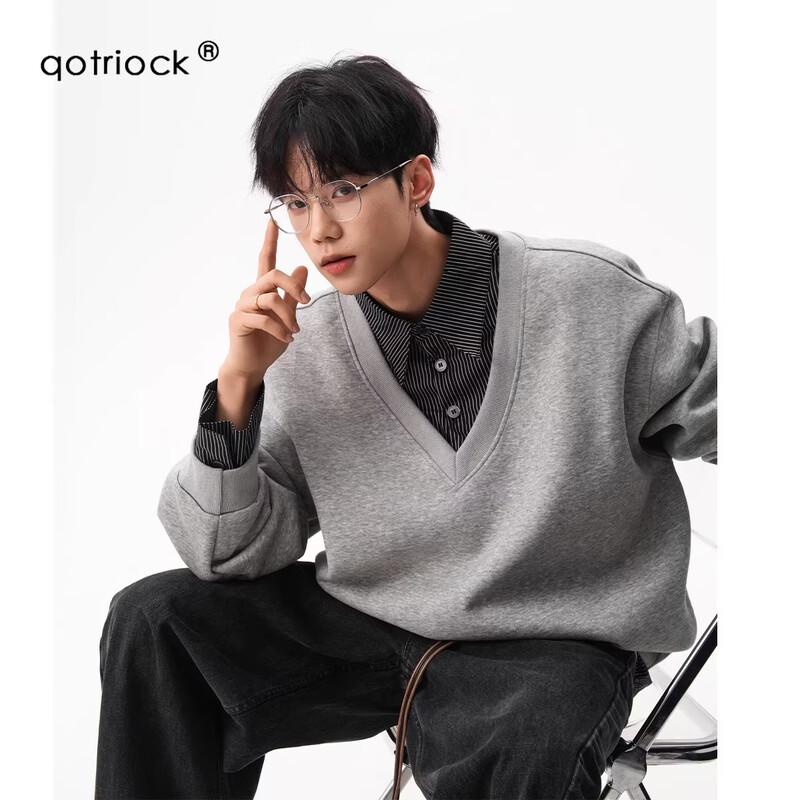 QOTRIOCK Unisex Vintage Striped Polo Sweatshirt XL