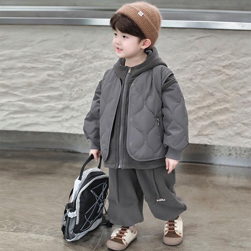 

Boys Stylish Thickened Jacket & Fleece-Lined Hooded Vest Set 120cm сірий колір