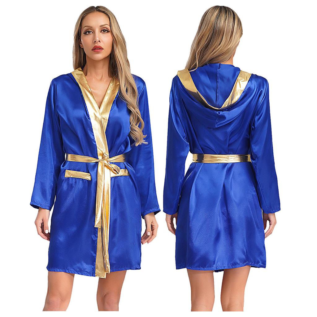 Damen Box Robe Halloween Cosplay Kostüm Langarm Offene Vorderseite Metallische Borte Satin Kapuze Umhang mit Gürtel