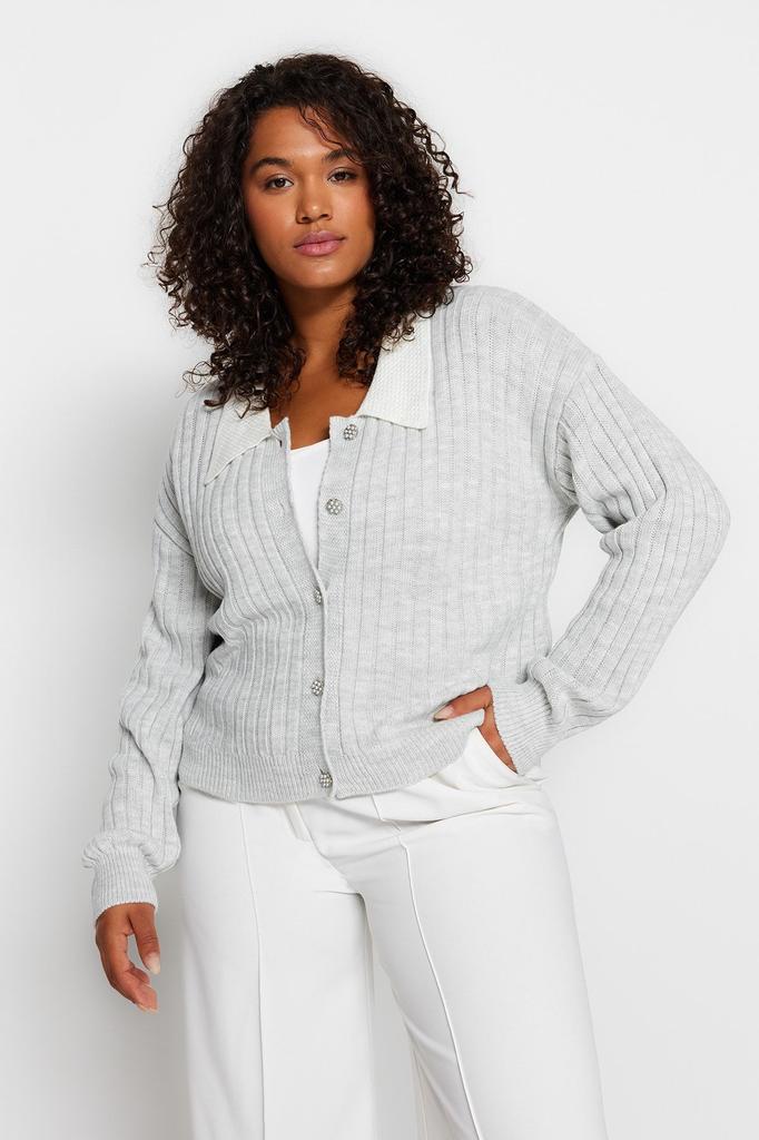 Women's Fashion Stylish Plus Size Cardigan Mint Ribbed Collar Detailed Buttoned Knitwear Cardigan