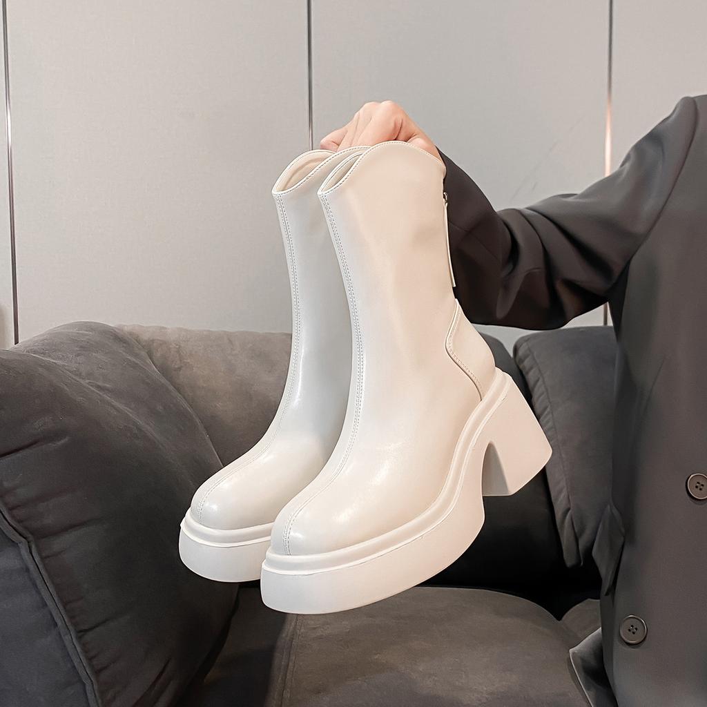 Plateauschuhe Martin StiefelDamen Britischer Stil Reißverschluss hinten V-Ausschnitt Stiefel dicker Absatz weiße Stiefeletten