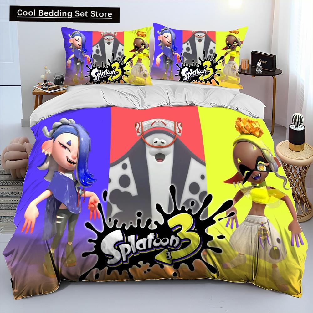 

S-Splatoon Game Gamer Cartoon Comforter Постельное белье, пододеяльник, наволочка, комплект постельного белья размера King Queen Size для детей 140x200cm 3pcs