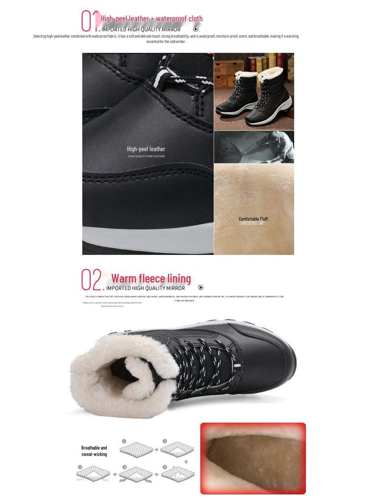 Women's Waterproof Leather Snow Boots - High-Top, Non-Slip, Mid-Calf with Warm Velvet & Thick Cotton Lining