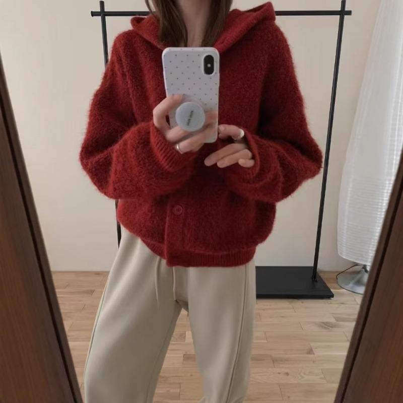 Soft Waxy Casual Versatile Hooded Knitted Cardigan Top Women's Solid Color Loose Lazy Wind Thickened Sweater Jacket