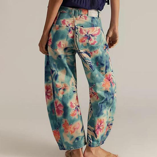 Barrel Jeans for Women Floral Print Boyfriend Baggy Jeans Casual Mid