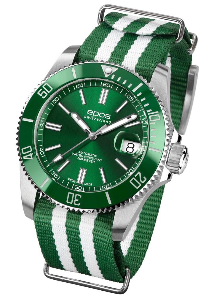 EPOS 3504GRN Automatic Water Resistant to with a Ceramic Bezel and Sporty Green Men's Diver's Watch, 500m, Movement,