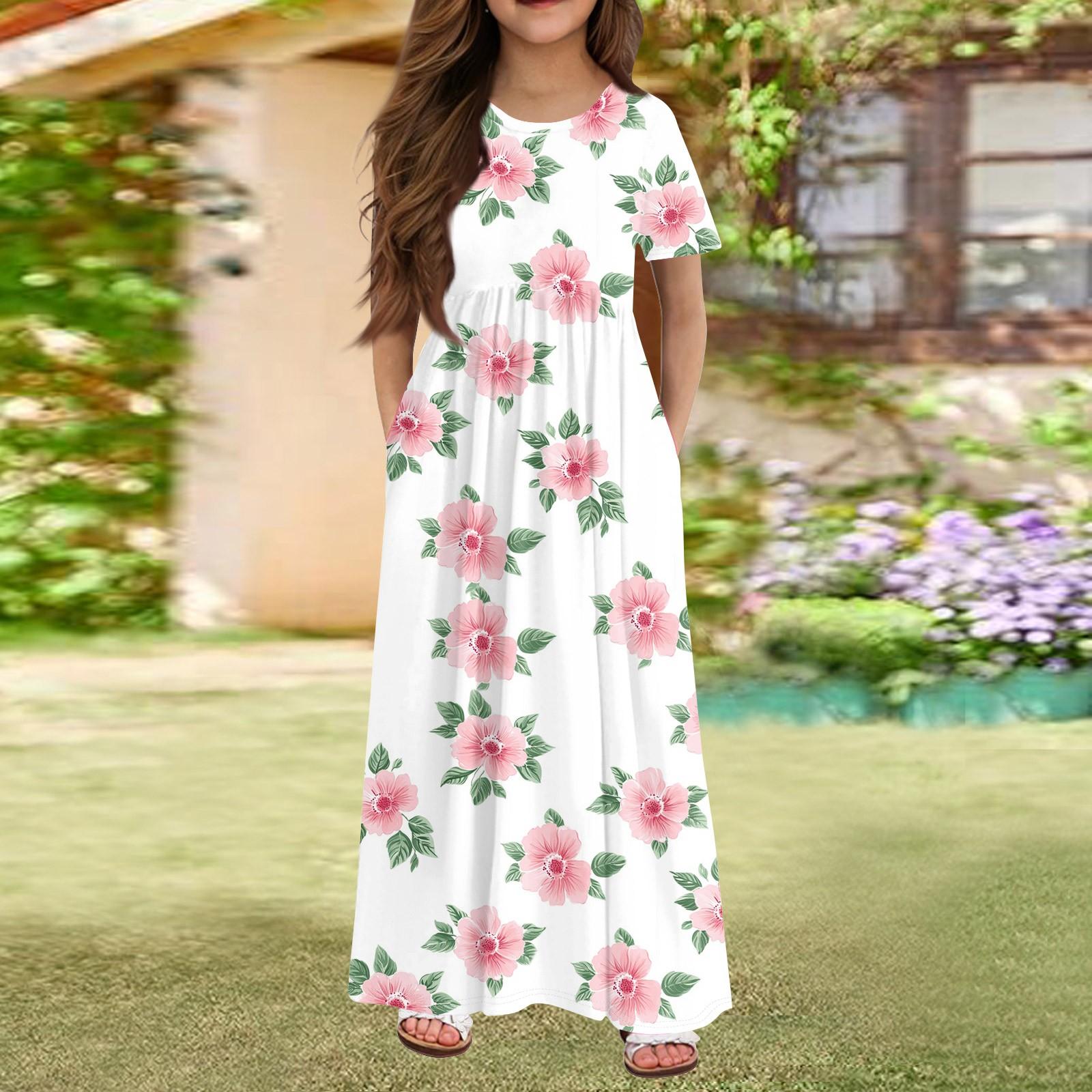 

Длинное летнее платье для девочек - платье макси с короткими рукавами и карманами для детей 4-14 лет 130 белый