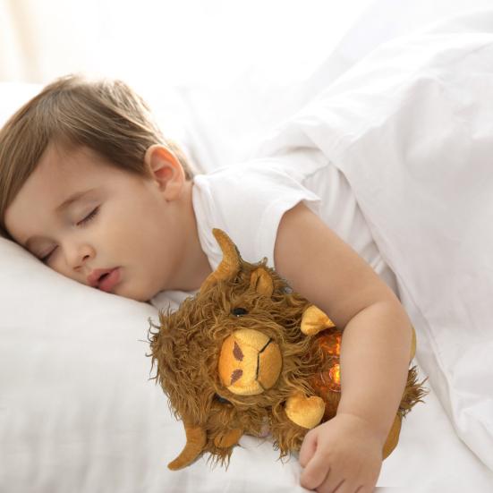 Baby Breathing Highland Cow Plush Toy with Soothing Music Light Musical Cattle Plushie Stuffed Animal Calming Doll Soother Newborn Infant