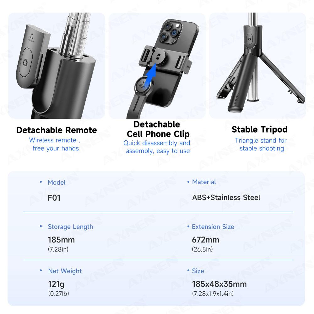 Selfie Stick Tripod with Detachable Bluetooth Remote, 360° Rotation,Extendable Pole, Fill Light Option, for Android Phone