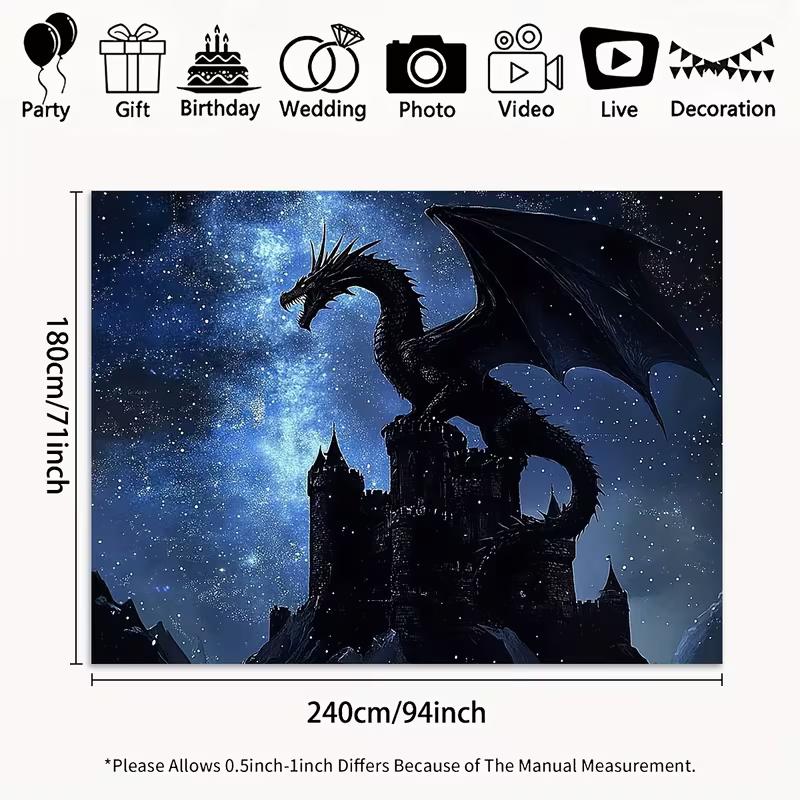 2D Schwarz-Drachenburg Wandteppich, Mittelalterliche Burg mit Drachen und Sternenhimmel