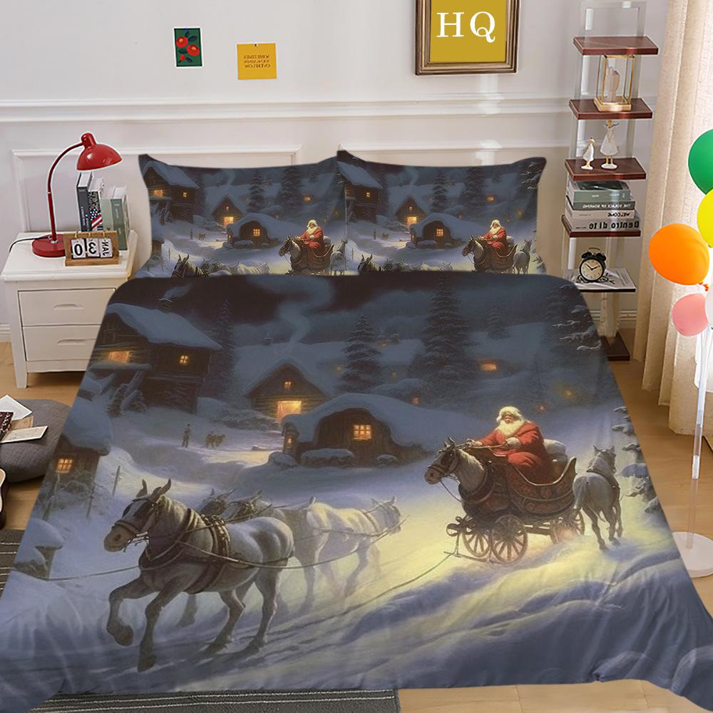 Weihnachtskutsche 3D-gedruckter Polyester-Kissenbezug Bettdeckenbezug Zwei- oder Dreiteiliges Set