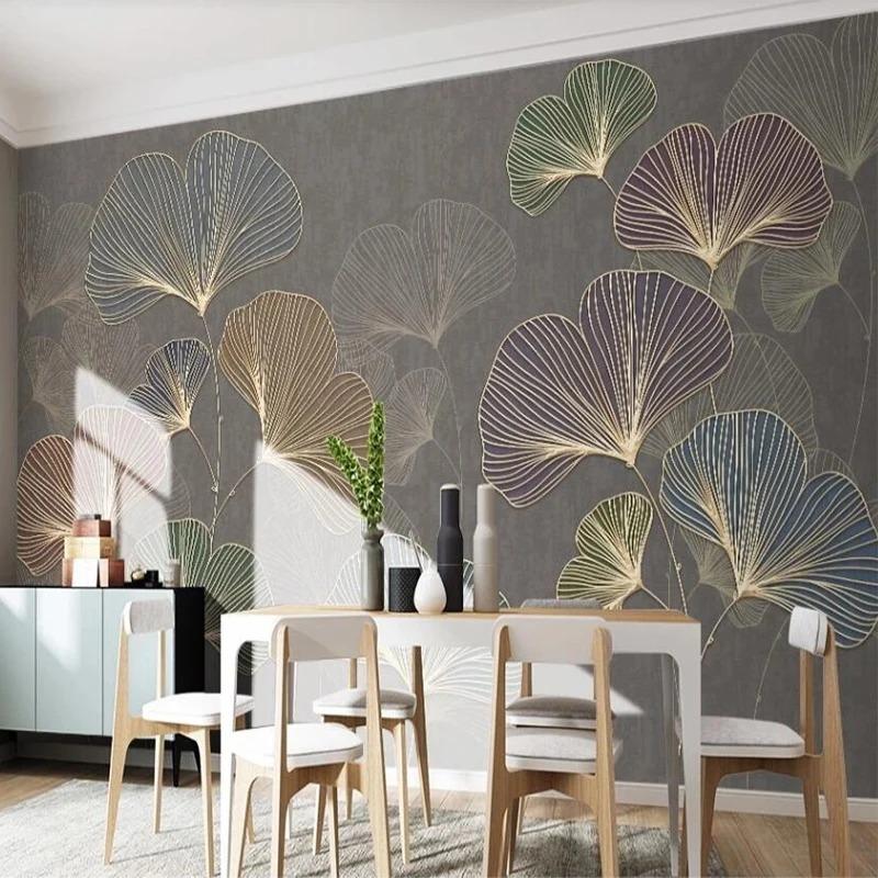 Modern Mural Minimalist Light Luxury 3d Wallpaper Lines Embossed Wall Mural Ginkgo Leaves Fresco Decor