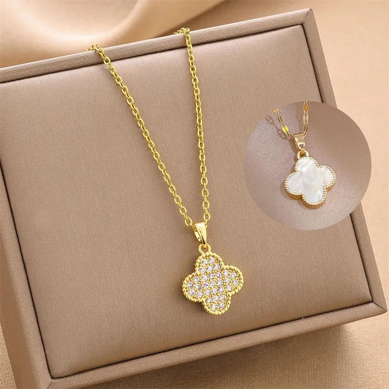 

Двустороннее колье из титановой стали с бриллиантами и клевером, лучший подарок для девочек