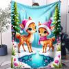 Festive Lighted Reindeer Herd & Candy Cane Deer Fleece Blanket - Whimsical Blue Christmas Tree Throw for Home Decor & Gifting