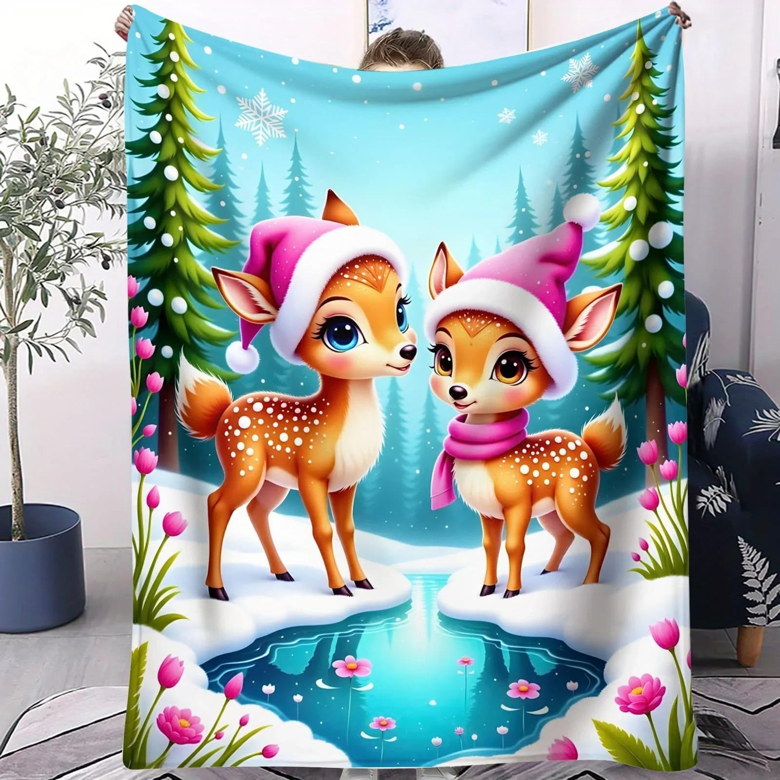 

Festive Lighted Reindeer Herd & Candy Cane Deer Fleece Blanket - Whimsical Blue Christmas Tree Throw for Home Decor & Gifting 70x100cm білий