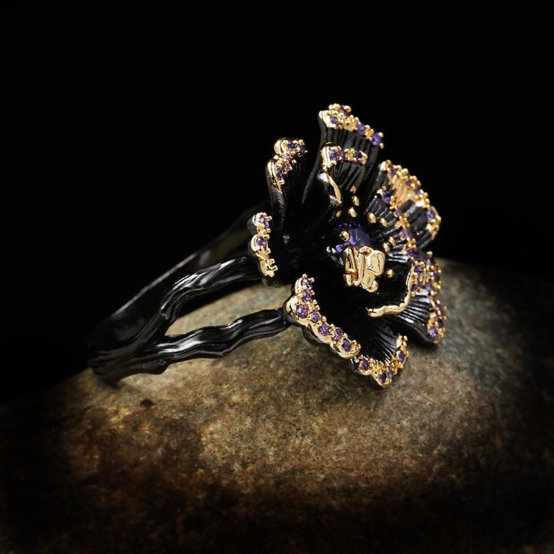 Vintage Jewelry  Sterling Silver Baroque sunflower Rings for Women Wedding Engagement Bride Black Gold Fine Jewelry