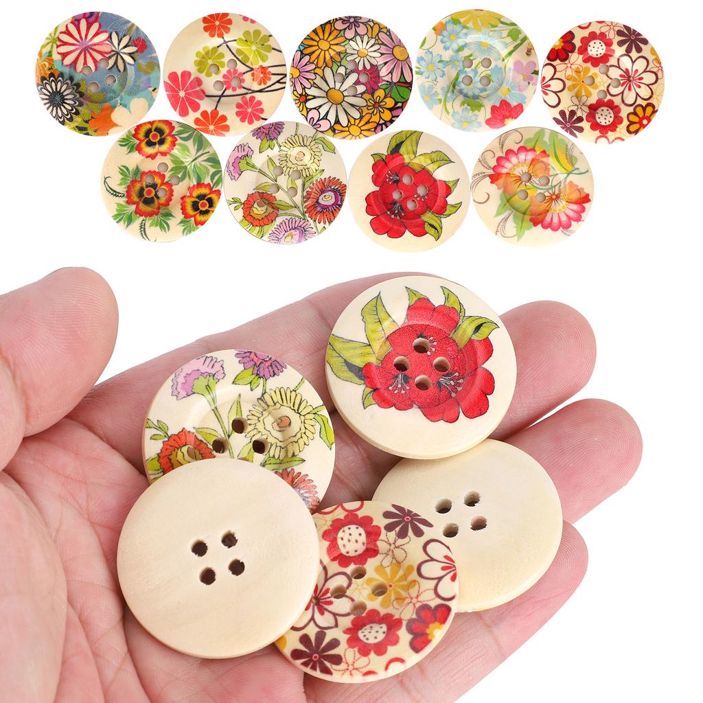 100Pcs Buttons Natural Wood Color Painted Printing Wide Sided DIY Clothing Accessories 30mm