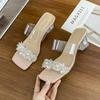 Crystal High-heeled Fashion Sandals Female Summer New Fairy Rhinestone Word with Transparent Cool Slippers Female