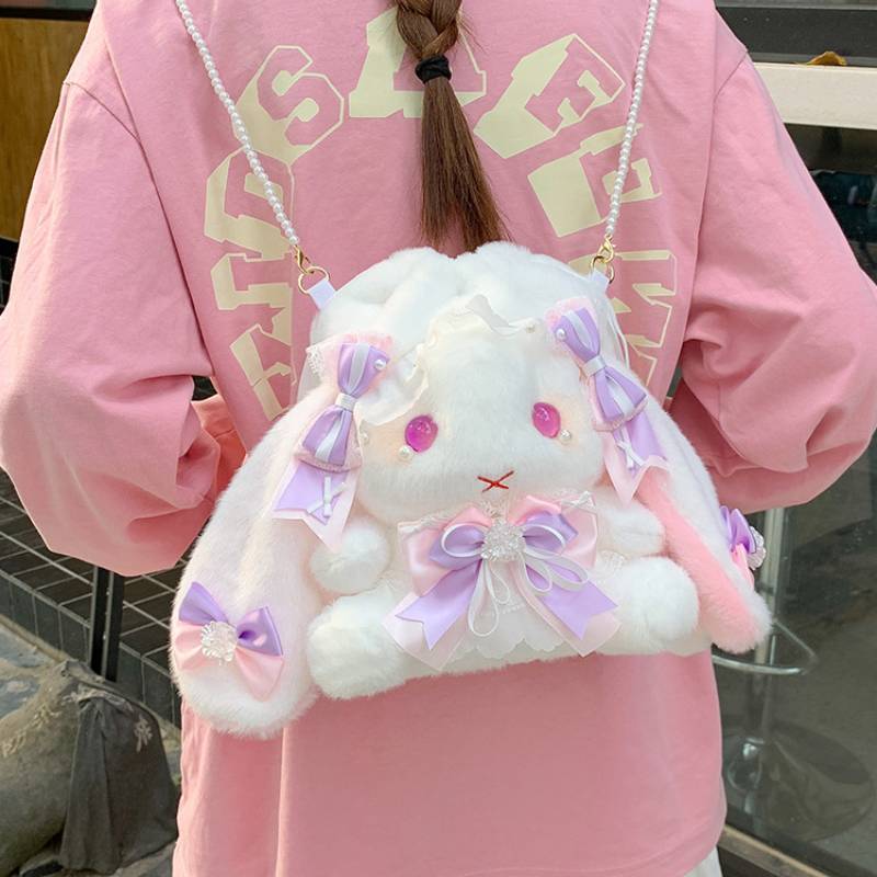 Cute Lolita Plush Bunny Backpack With Butterfly Bow For Girls Daily Use