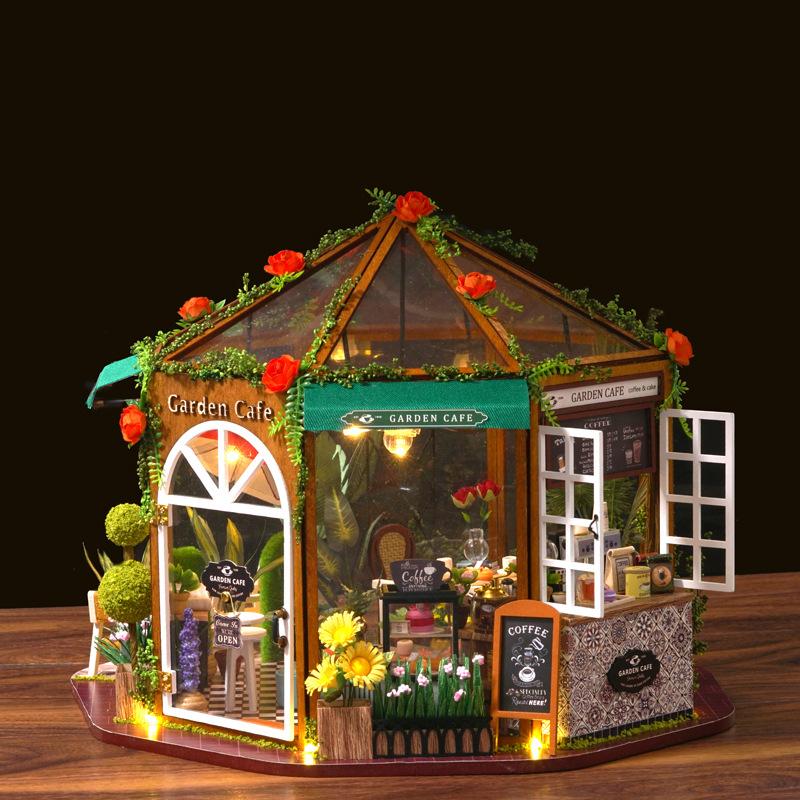 OUZEY Flower Cafe DIY Kit, 3D Wooden Miniature House, Creative Building Toy for Teenagers
