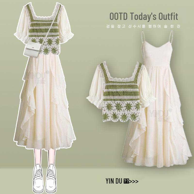 

Летний женский комплект из двух вещей 2023: Топ с коротким рукавом и платье-майка слим-фит 3XL (160-180 jin)