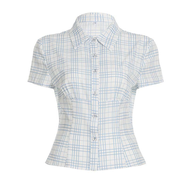 

European and American Women s Clothing American Retro Pink Short Sleeve Plaid Shirt Women s Waist-Tight Slim Looking Cotton and Linen Breasted Tops Blue L