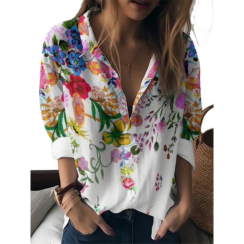 Spring And Summer Women's Large Size Lapel Shirt Abstract Pattern Printed Shirt Daily Casual Long Sleeve Shirt Fashion Women's