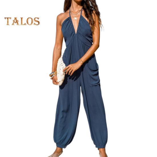 

Женский комбинезон макси с плиссировкой, глубоким V-образным вырезом, цельный, длинные брюки для бега с карманами, повседневный пляжный комбинезон без рукавов S морской синий
